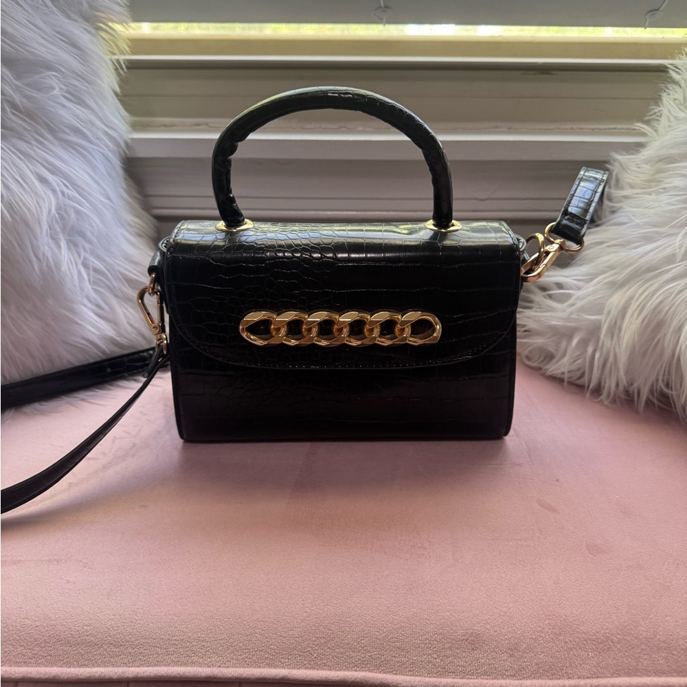 Black Croc-Embossed Top Handle Bag with Gold Chain Accent